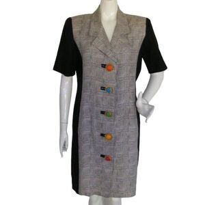 RICKIE FREEMAN/Teri Jon Dress, L, Houndstooth, Colorful Buttons,Black/Gray plaid